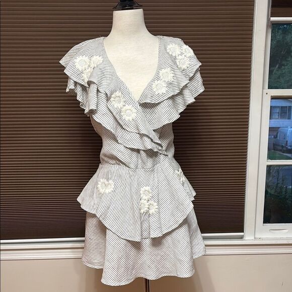 Elegant Ruffled Striped Mini Dress with Floral Details - Picture 3 of 9